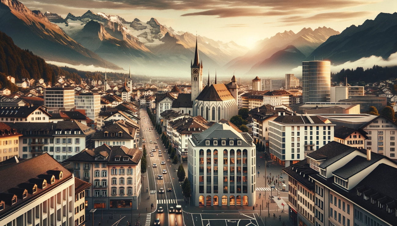 Photo of modern Chur's cityscape, showcasing a blend of historic architecture and contemporary buildings, with bustling streets and the majestic Grison Alps in the background, with the title 'Chur: Ancient Charm, Modern Vibes' overlayed at the top in elegant font.