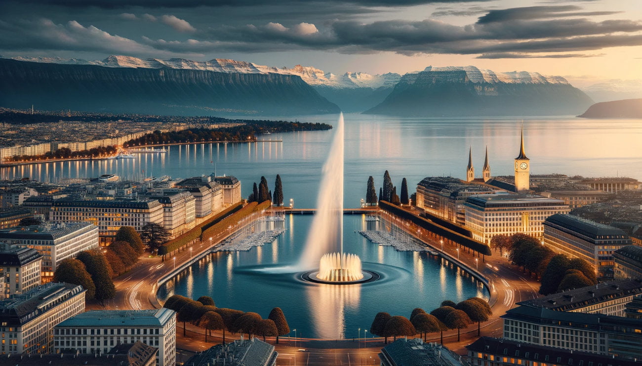 Photo of Geneva's skyline at dusk, showcasing the iconic Jet d'Eau fountain, the serene Lake Geneva, and the majestic Alps in the background, with the title 'Geneva – the Swiss Capital of Diplomacy' overlayed at the top in elegant font.