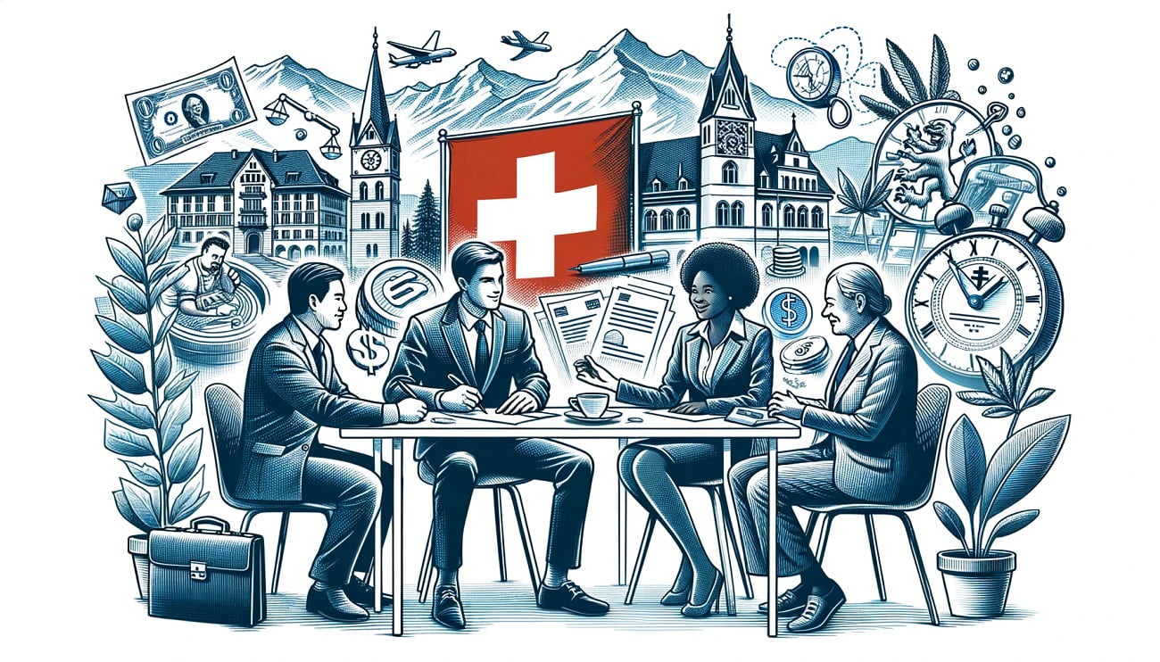 Illustration in sketch style depicting the process of starting a business in Switzerland by a foreign entrepreneur. The sketch includes a diverse group of people, with a man of Asian descent and a woman of African descent, sitting at a table with a map of Switzerland, various legal documents, and a Swiss flag. They are in discussion with a financial advisor of European descent. In the background, there are iconic Swiss symbols like the Alps, a Swiss bank, and a watchmaker's loupe, symbolizing the country's renowned industries and economic stability.
