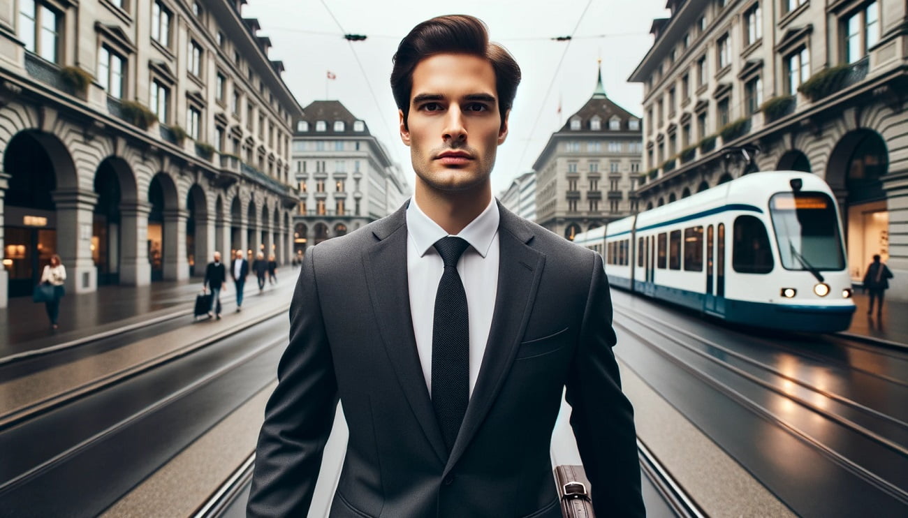 Wide photo of a confident businessman, wearing a tailored suit and carrying a briefcase, walking forward through the streets of Zurich. His face is clearly visible, looking straight ahead. In the background, Zurich's iconic buildings, trams, and the serene ambiance of the city are evident.