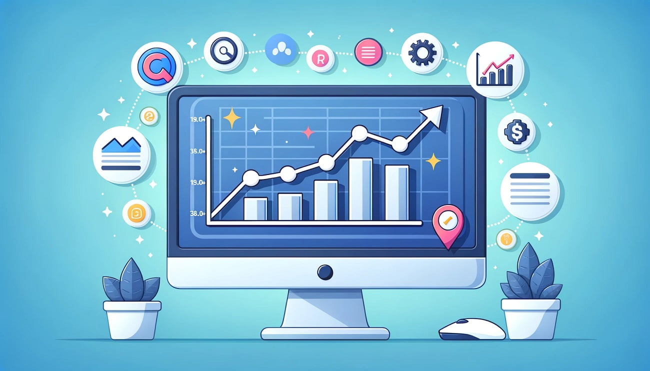 Illustration of a computer monitor displaying a rising graph with various SEO icons around it.
