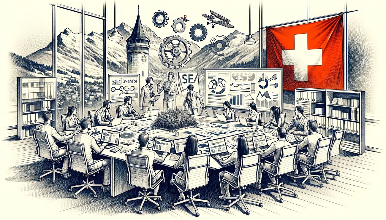 This wide sketch depicts a team of SEO professionals working in a Swiss office