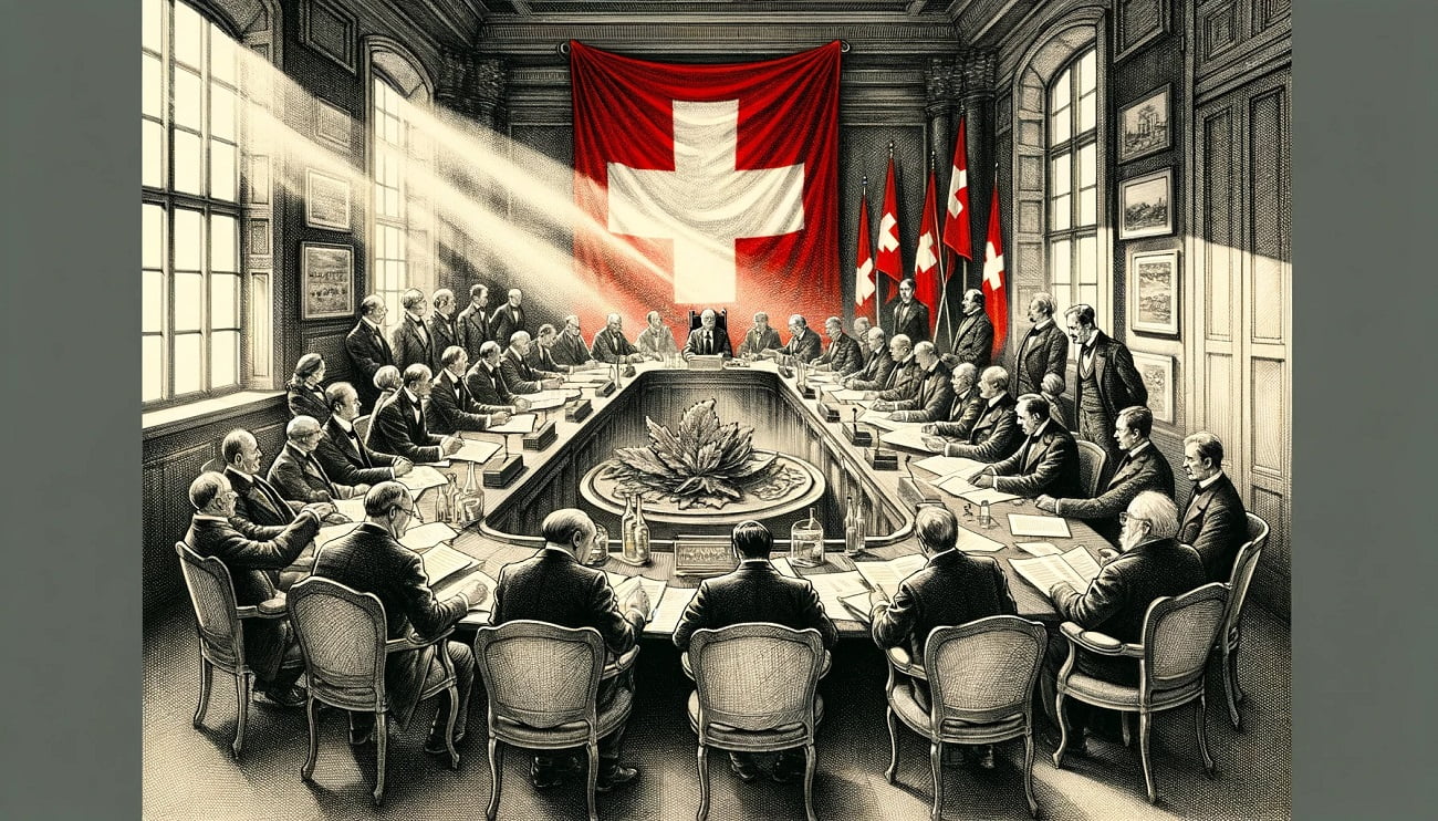 This wide sketch illustrates a group of professionals in a conference room discussing Swiss privacy laws