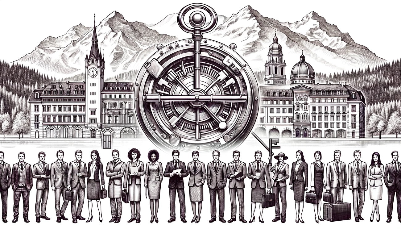 Illustration in sketch style of diverse individuals from various backgrounds and professions, each holding a key symbolizing their access to open a Swiss bank account.