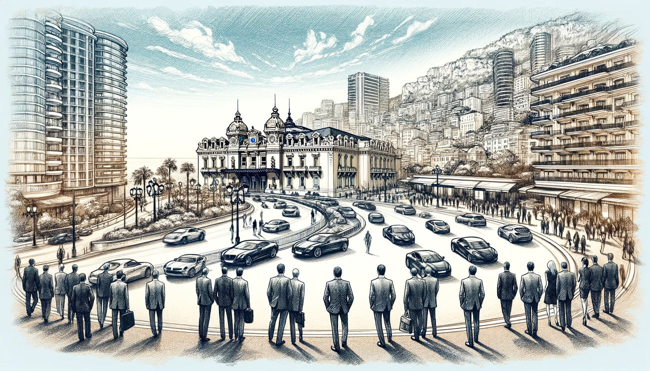 A wide panoramic sketch illustrating the bustling streets of Monaco with a focus on the iconic Monte Carlo Casino, surrounded by luxury cars and people in business attire, symbolizing the wealth and exclusivity of Monaco's banking sector.