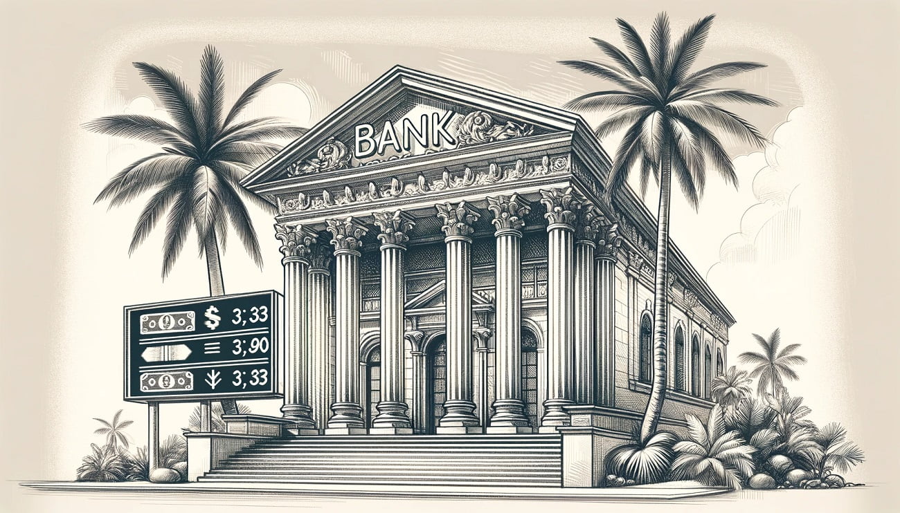 Sketch style illustration of a grand, classical building with large columns on a tropical island, prominently featuring the word 'Bank' on the facade, with palm trees and a digital billboard displaying currency exchange rates beside it.