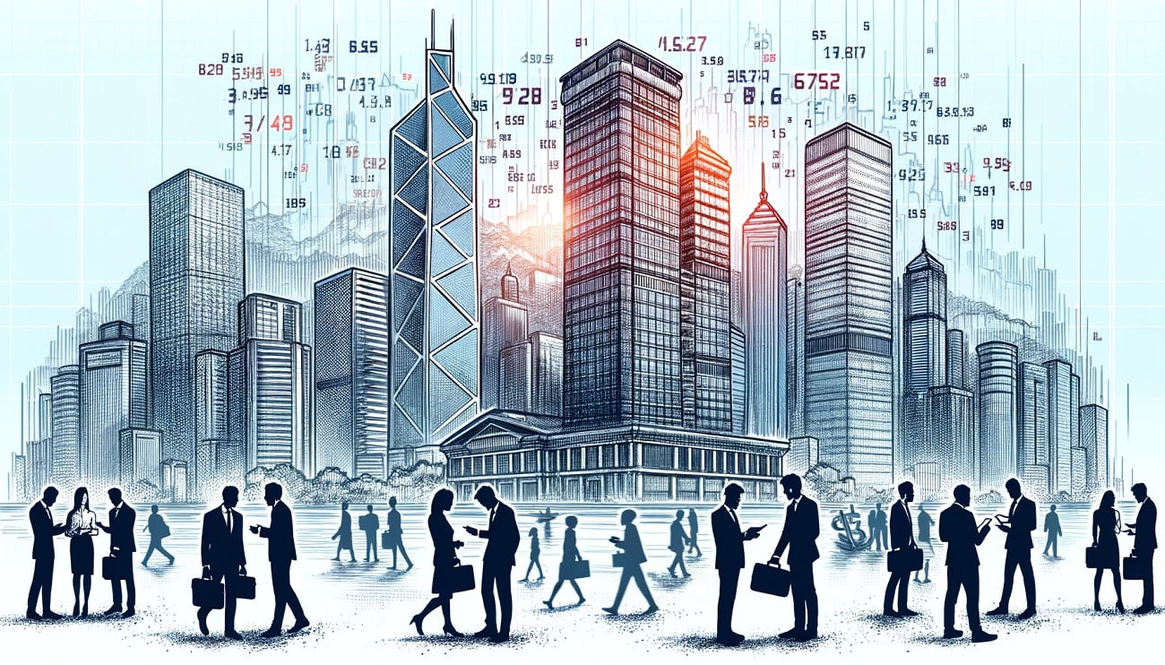 Illustration of a bustling Hong Kong skyline with silhouettes of skyscrapers, an offshore bank building prominently in the foreground.