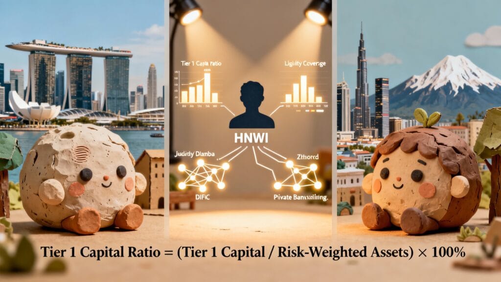 "Three global financial hubs—Singapore, UAE, and Switzerland—compared side-by-side with Tier 1 capital ratios and liquidity coverage metrics displayed as bar charts, representing jurisdictional diversification strategy for high-net-worth individuals in 2026."