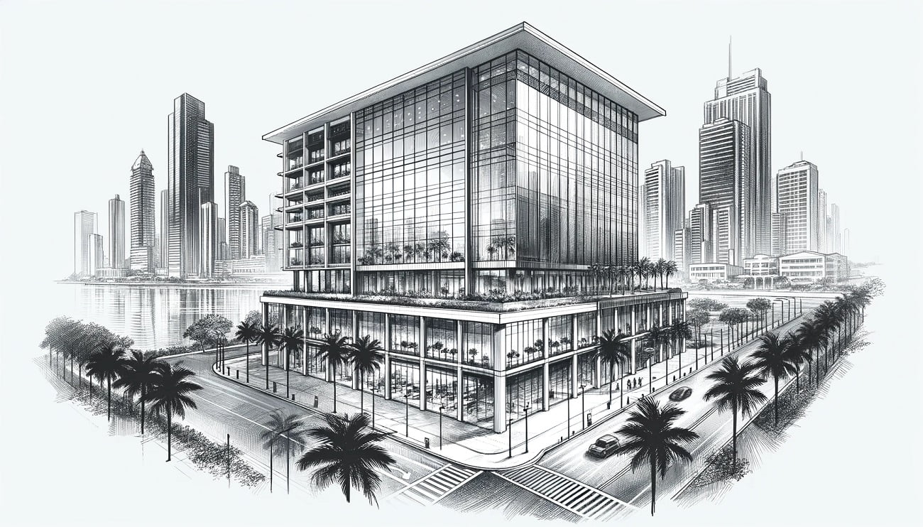 Sketch-style illustration in grayscale of a prominent offshore bank building in Panama City, showcasing modern architecture with clean lines and reflective glass facades.