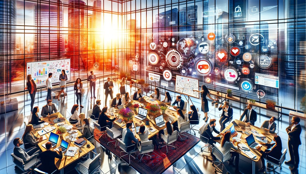 The image showcases a lively public relations agency with a focus on online reputation management.