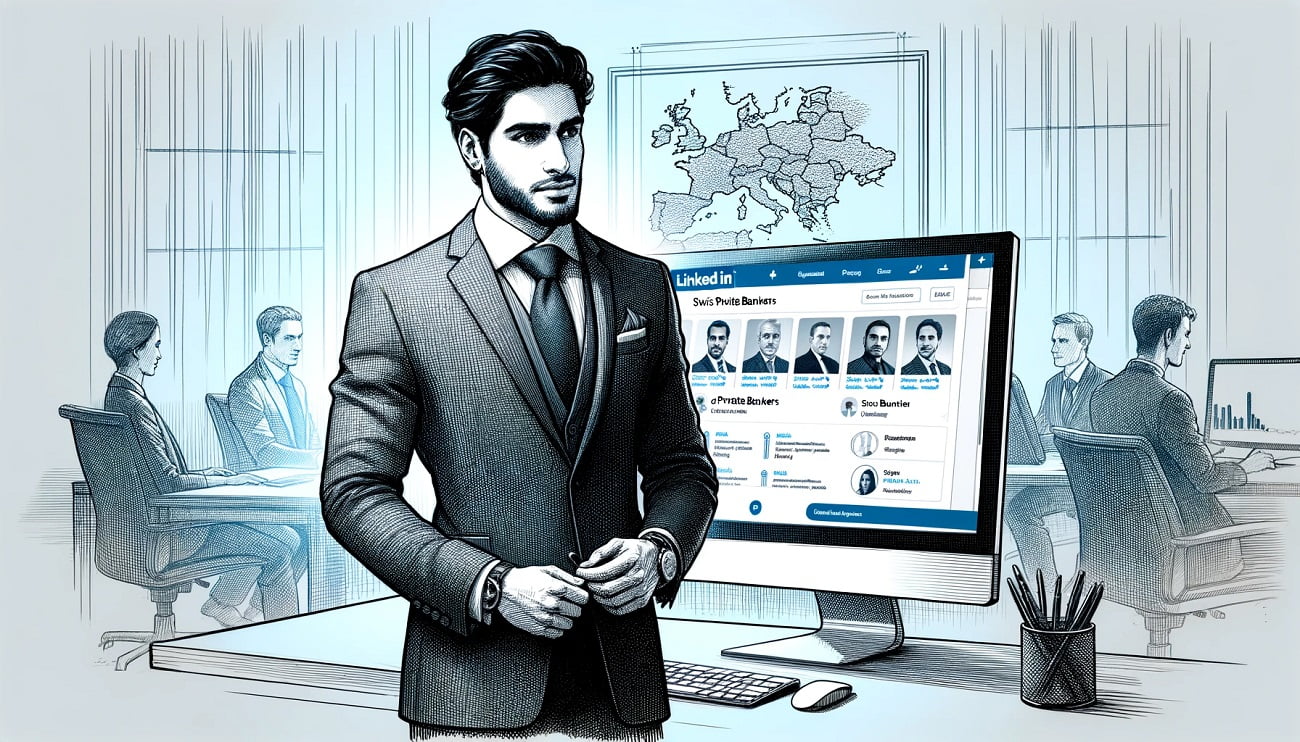 A wide sketch-style illustration showing a professional Middle Eastern male banker, dressed in a formal suit with a tie, standing confidently in front of a computer displaying the LinkedIn interface. The LinkedIn interface shows various profiles of Swiss private bankers. There is a map of Switzerland in the background, subtly indicating the focus on Swiss bankers. The scene is set in a modern, well-lit office environment, suggesting a high level of professionalism. The LinkedIn logo is subtly placed on the top left corner of the interface.