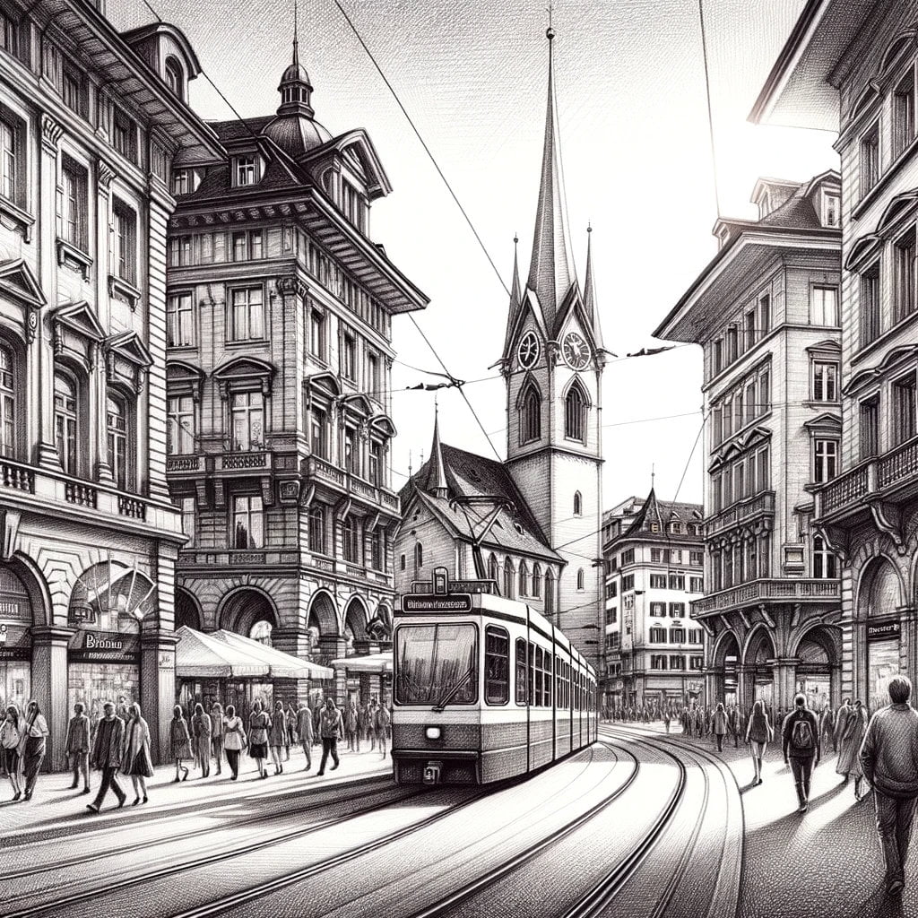 Detailed pencil sketch of Zurich's bustling Bahnhofstrasse with people walking, trams passing by, and the city's traditional architecture, including the spire of St. Peter's church in the background, all captured with meticulous shading and hatching techniques.