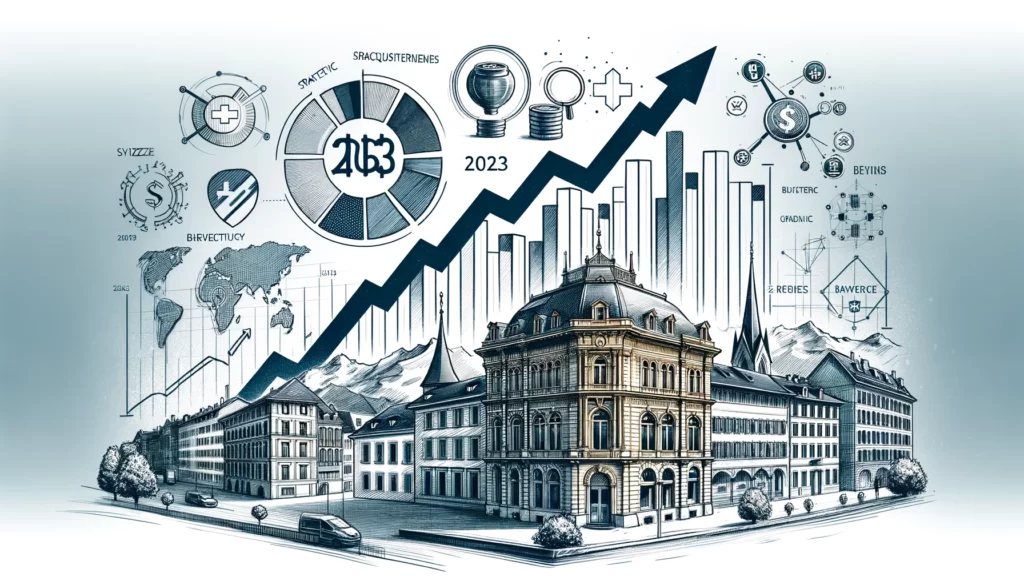 image illustrating Banque Cramer & Cie's growth and success in 2023, featuring a Swiss bank building, a rising graph, symbols of strategic acquisitions, and the Swiss flag, ideal for a financial blog post.