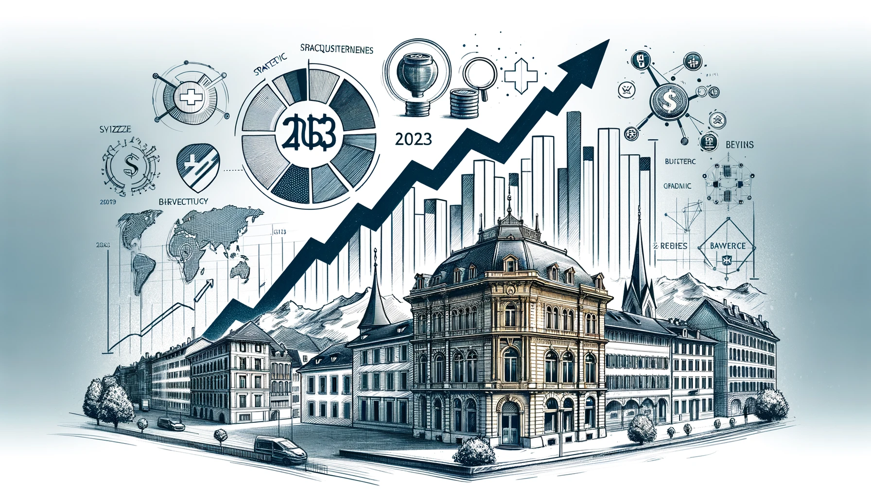 image illustrating Banque Cramer & Cie's growth and success in 2023, featuring a Swiss bank building, a rising graph, symbols of strategic acquisitions, and the Swiss flag, ideal for a financial blog post.