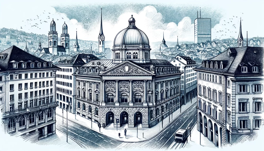 The image visually captures the essence of a Zurich-based Swiss bank opening accounts for non-residents, local businesses and foreigners.