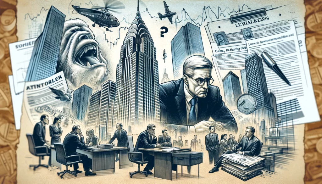Wide sketch depicting the Julius Baer and Signa financial crisis with stock market downturn, legal claims, a concerned bank CEO, and a troubled real estate conglomerate.