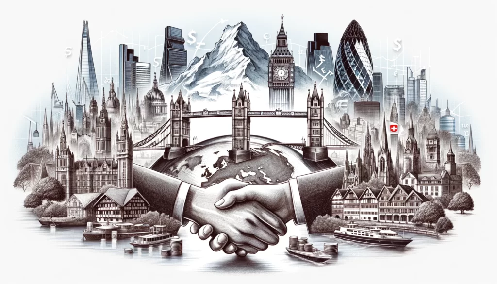 illustration that visually represents the UK-Switzerland financial agreement, featuring iconic landmarks from both London and Switzerland