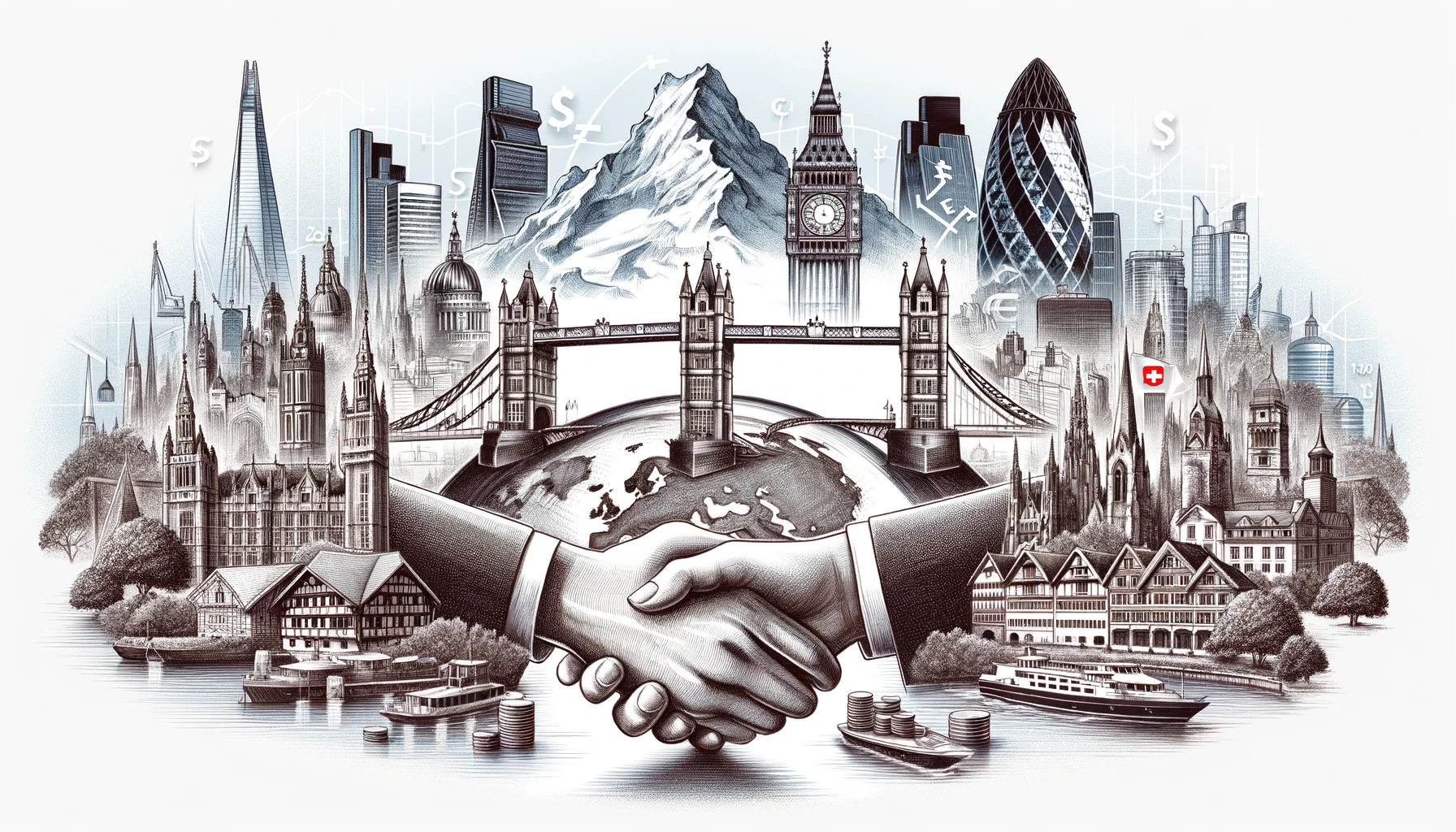 illustration that visually represents the UK-Switzerland financial agreement, featuring iconic landmarks from both London and Switzerland