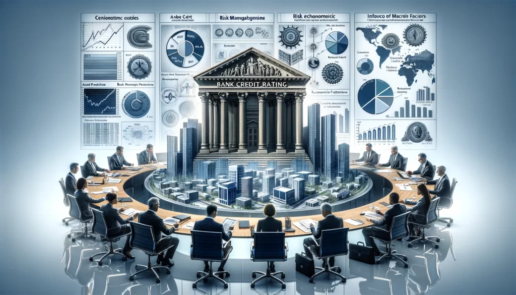 image visually representing the comprehensive process of Swiss bank credit rating assessment.