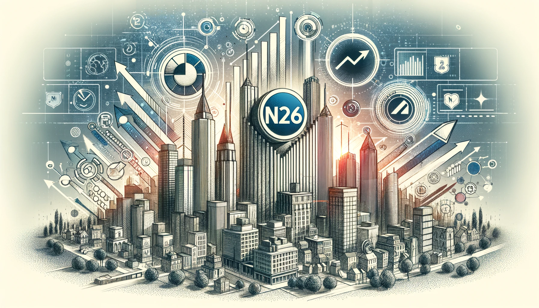 Dynamic sketch-style illustration of Neo-Bank N26's growth and innovation in the fintech sector, featuring the N26 logo, upward trend graphs, digital finance symbols, and a futuristic cityscape background.