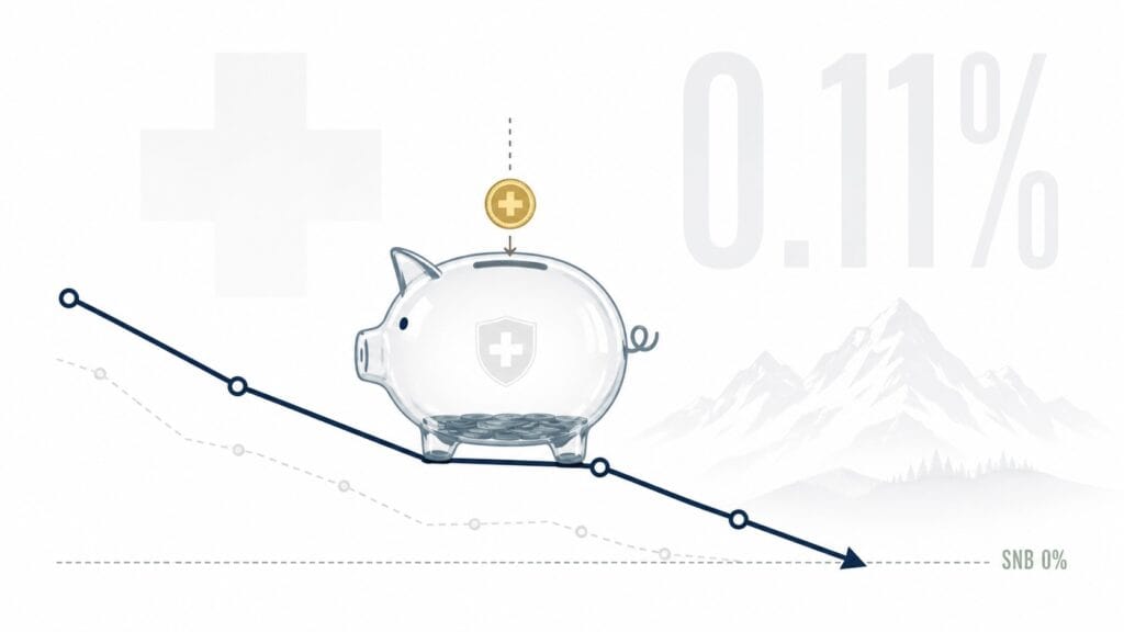 Swiss savings account interest rates near zero in 2026, with the SNB policy rate at 0% and average returns of 0.11%