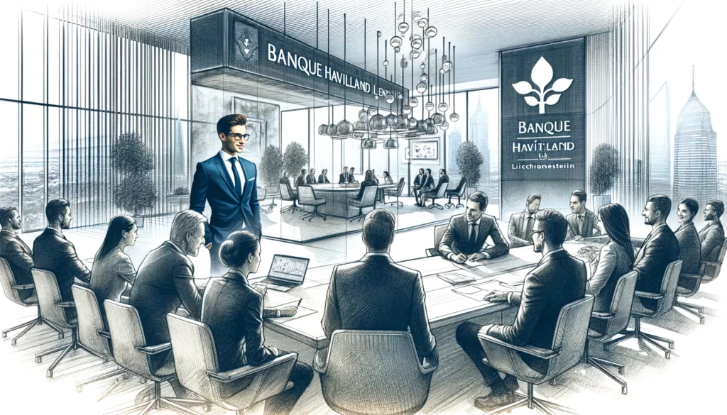 image that complements the article about Banque Havilland Liechtenstein. It portrays a dynamic and innovative atmosphere within the boutique bank, led by the young CEO Fabian Käslin.