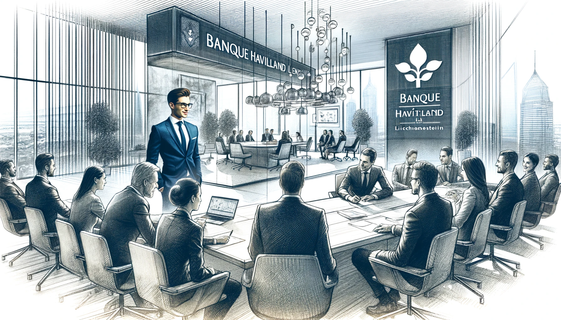 image that complements the article about Banque Havilland Liechtenstein. It portrays a dynamic and innovative atmosphere within the boutique bank, led by the young CEO Fabian Käslin.