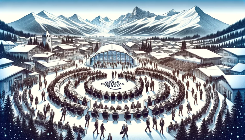 Panoramic sketch of the World Economic Forum 2024 in Davos, featuring diverse groups of attendees networking in the foreground, the Davos Congress Center in the background, with smaller venues and the Swiss Alps completing the scene