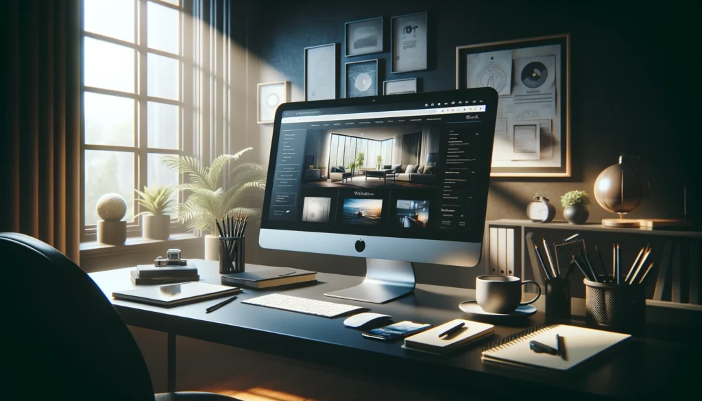 Professional-looking website displayed on a DSLR-quality wide photo of a modern office workspace, showcasing the importance of web design in business.