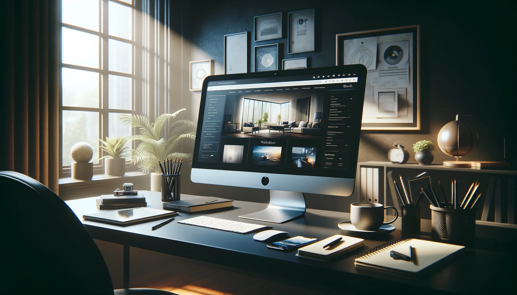 Professional-looking website displayed on a DSLR-quality wide photo of a modern office workspace, showcasing the importance of web design in business.
