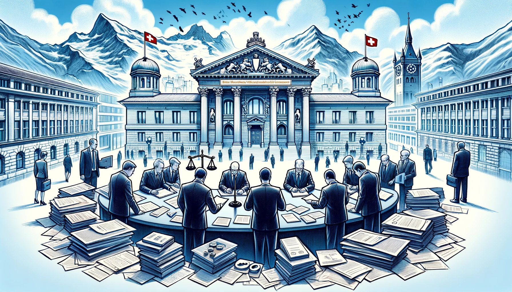 the essence of regulatory oversight within the Swiss financial sector, showcasing FINMA officials in their diligent work amidst the iconic Swiss backdrop.