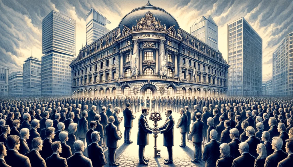 leadership transition at Julius Baer, with key exchange between outgoing and incoming CEOs against Zurich's financial district