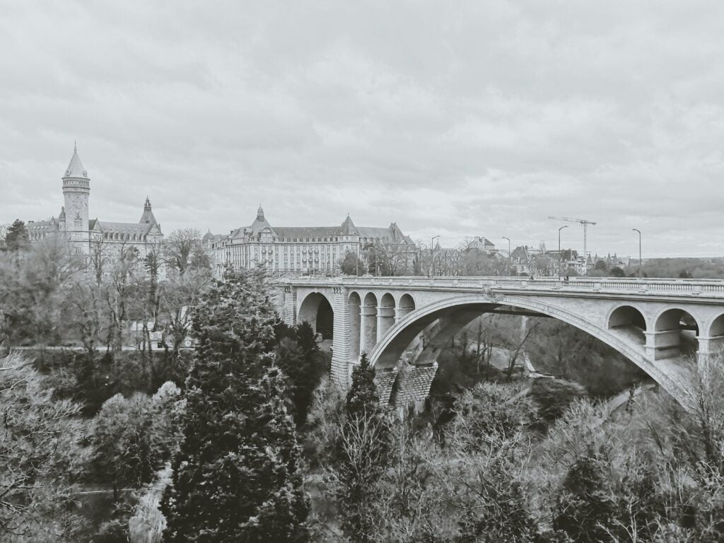 grayscale photography of gray bridge in Luxembourg