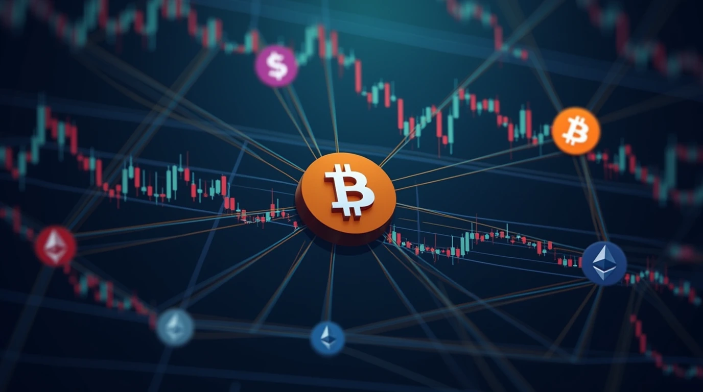 A visual representation of interconnected stock charts and cryptocurrency symbols (like Bitcoin and Ethereum logos). This could symbolize the merging of traditional finance and the crypto world.