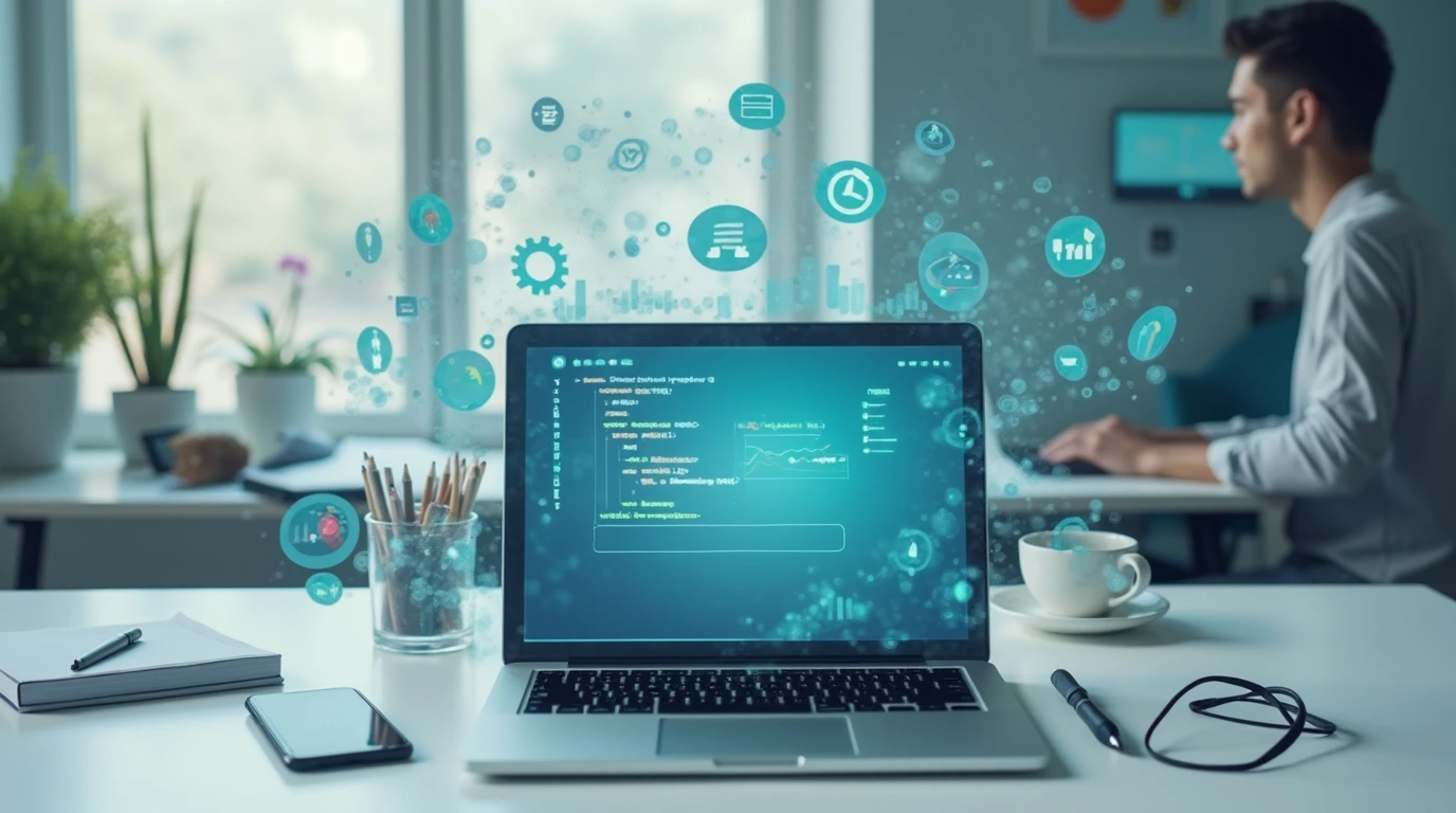 Modern minimalist workspace featuring a laptop, smartphone, and digital icons representing IT, web design, and SEO freelancing opportunities.