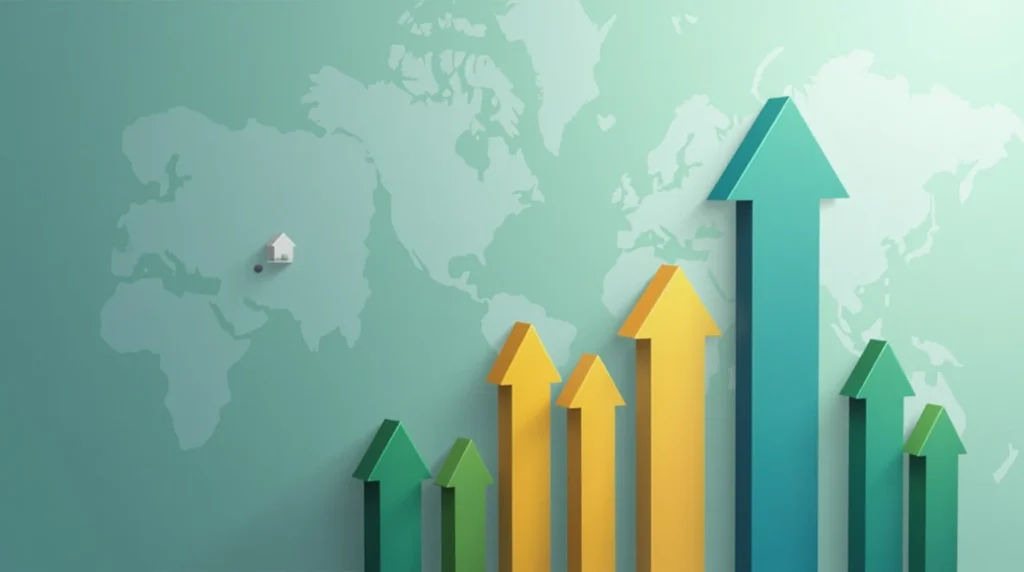 Stylized world map with upward financial arrows and property icons, illustrating global real estate investment growth for 2025.