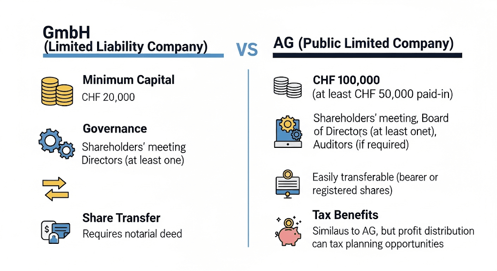 Infographic comparing Swiss GmbH and AG structures on capital requirements, governance complexity, share transferability, and tax advantages