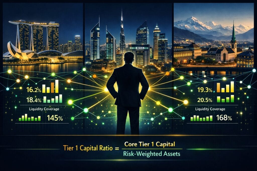 "Three global financial hubs—Singapore, UAE, and Switzerland—compared side-by-side with Tier 1 capital ratios and liquidity coverage metrics displayed as bar charts, representing jurisdictional diversification strategy for high-net-worth individuals in 2026."