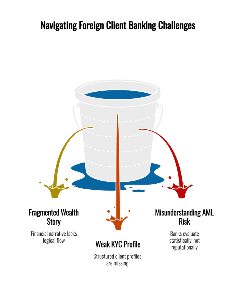 Infographic showing top 3 issues foreign clients face in Swiss banking: fragmented wealth story, weak KYC profile, and misunderstanding AML risk perception.