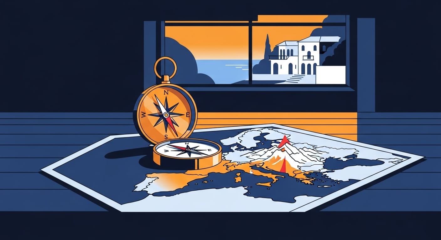 An antique compass resting on a vintage European map, pointing towards illuminated low-tax regions in the Mediterranean and Alps, symbolizing strategic wealth preservation and residency planning for high earners.