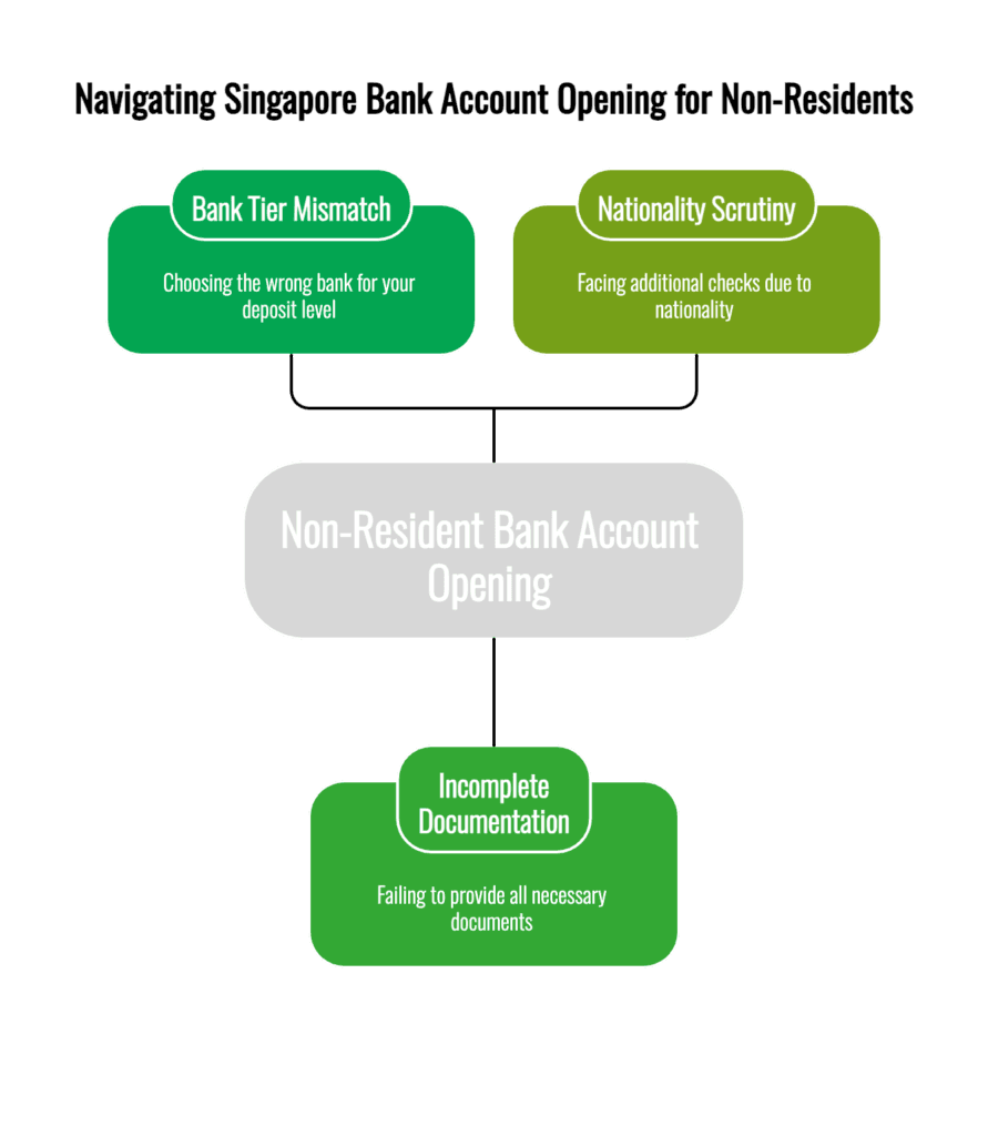 Infographic explaining why non-residents struggle to open a Singapore bank account, highlighting wrong bank tier, incomplete KYC documentation, and nationality-based due diligence.