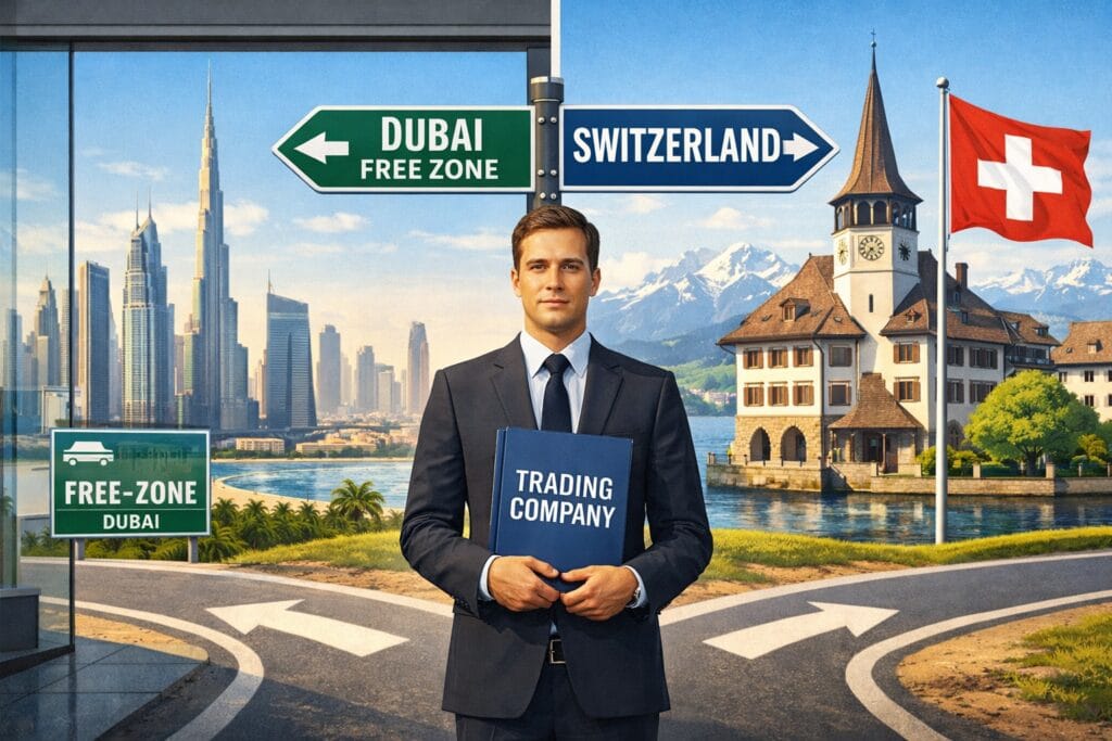 Best country to register a company UAE or Switzerland illustrated by a UK entrepreneur choosing between Dubai and Switzerland