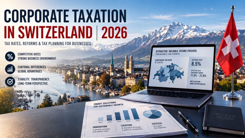 Corporate taxation in Switzerland 2026 showing tax rates, reforms and business tax planning with financial charts, Swiss skyline and corporate workspace