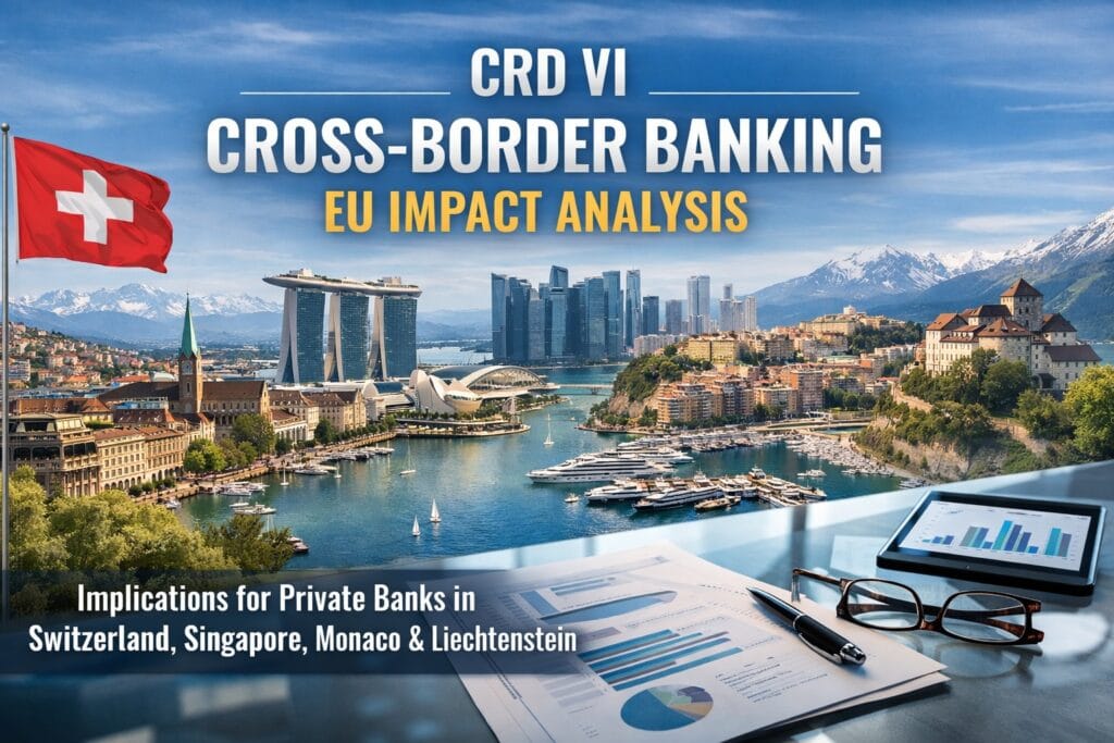 CRD VI cross-border banking EU future impact analysis for private banks in Switzerland, Singapore, Monaco and Liechtenstein showing financial data and global banking hubs