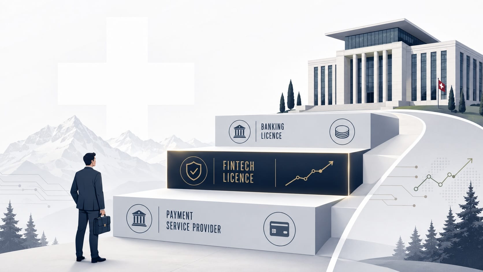 Founder choosing a Swiss fintech licence tier — sandbox, FinTech licence or banking licence — to set up a neobank in 2026