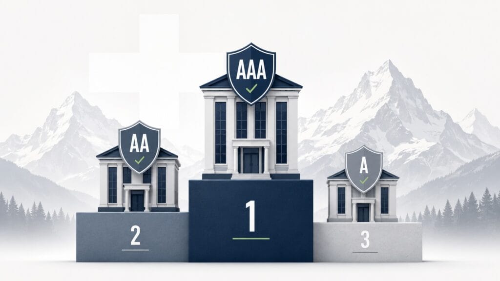 Safest Swiss banks in 2026 ranked by credit rating, with AAA, AA and A rated bank buildings on a podium against Swiss Alps