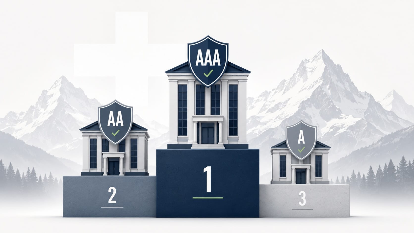 Safest Swiss banks in 2026 ranked by credit rating, with AAA, AA and A rated bank buildings on a podium against Swiss Alps