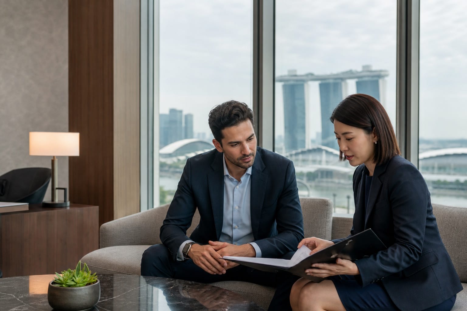 Non-resident client reviewing Singapore bank account eligibility with an adviser