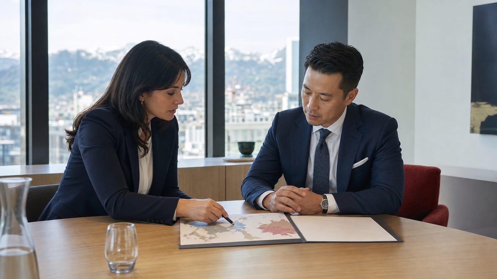 International client reviewing Swiss bank residence eligibility with an adviser